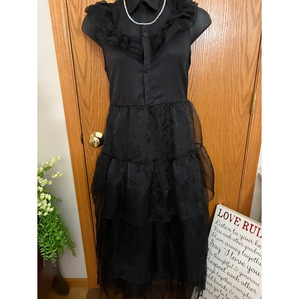 Black whimsy goth Tiered Organza ruffled Maxi DressButton Down 3X
